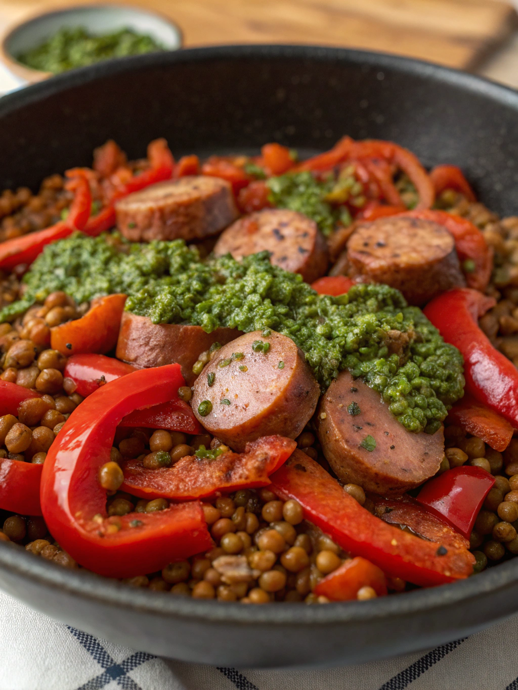 RED PEPPER LENTILS, SAUSAGES & A SALSA VERDE CRUMB