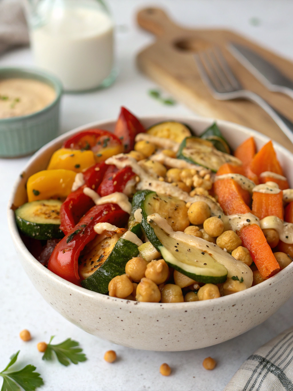 Roasted Vegetable & Chickpea Bowl with Tahini Dressing